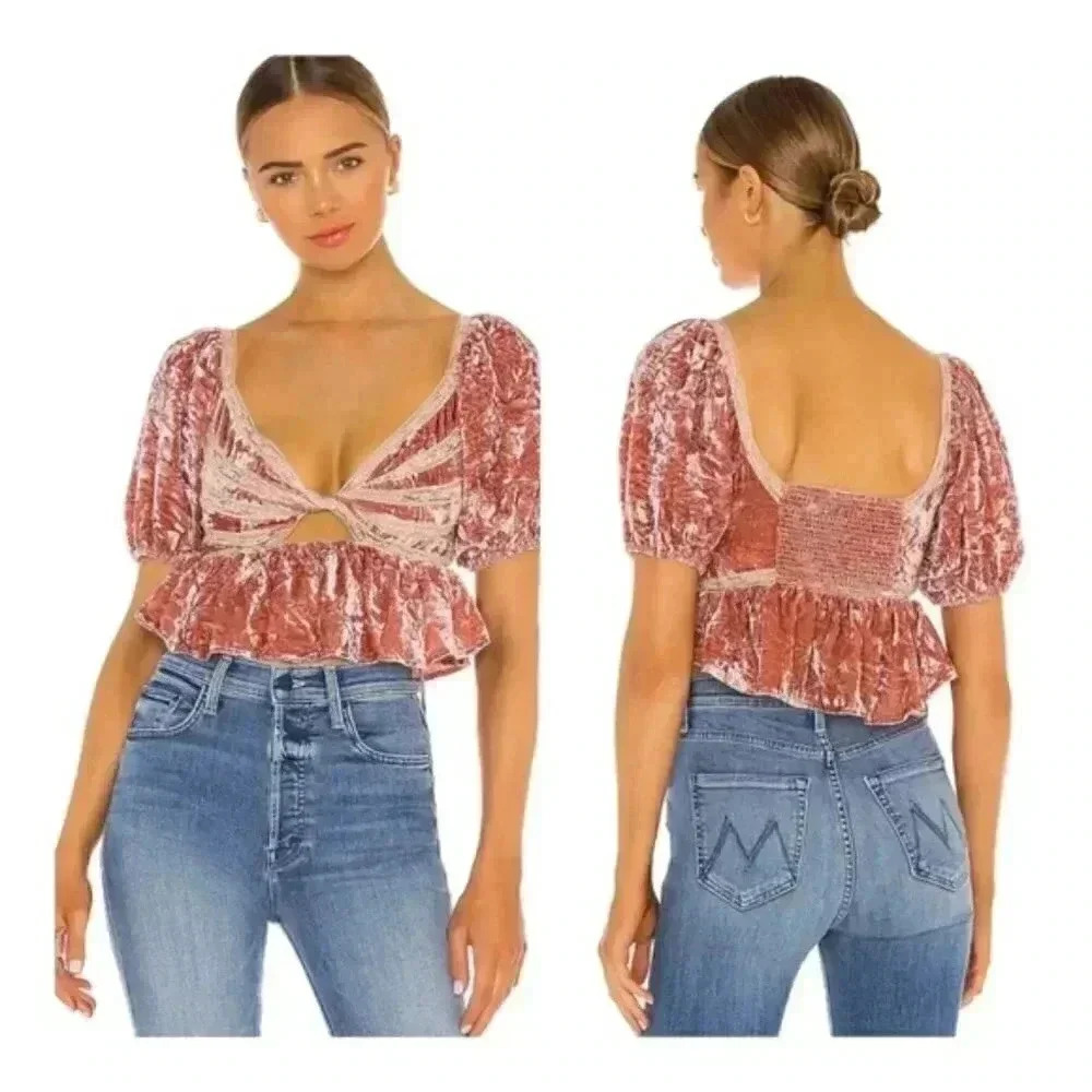 Free People Yours Truly Velvet Crop Top Mauve Crushed Velvet XS